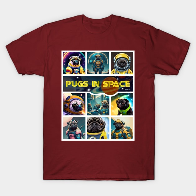 Pugs in Space- version 1 T-Shirt by FivePugs